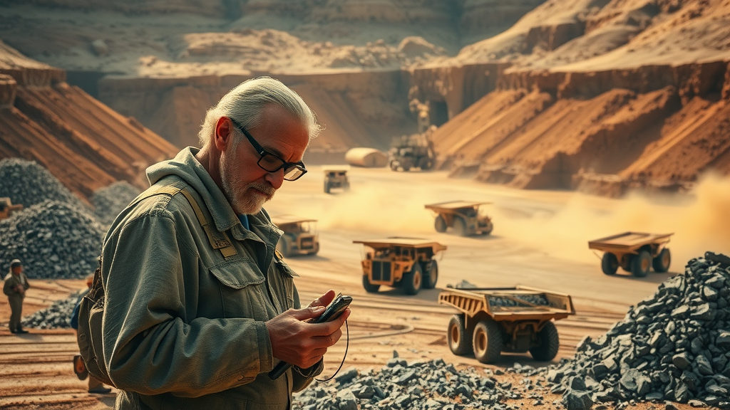 mineral industry taxation - miners examining minerals at an open-pit mine with trucks and equipment