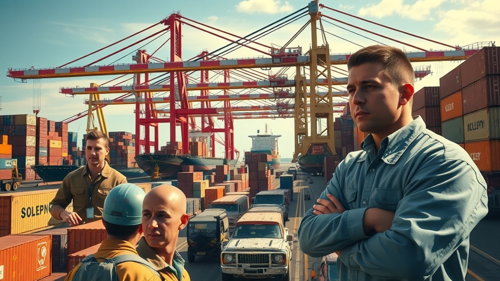 Busy US port with shipping containers and workers coordinating tariff-impacted goods movement