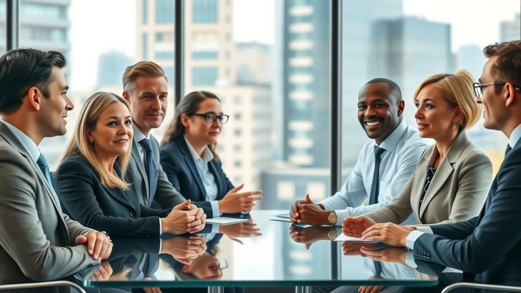 Business leaders discuss the economic effects of tariffs in a modern office setting with a city skyline in the background.