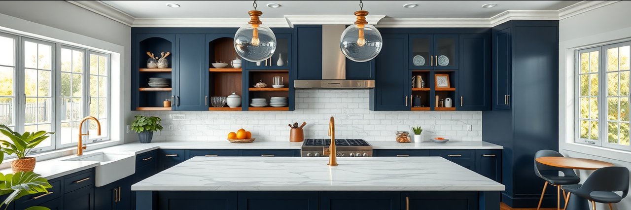 Modern kitchen renovation with navy cabinets, marble countertops, and open shelves.