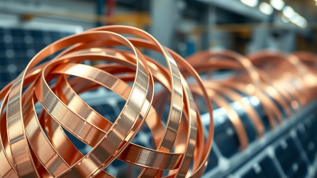 Photorealistic close-up of precision PV ribbon in manufacturing facility
