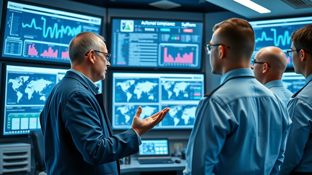 advanced customs compliance software dashboard, logistics manager instructing team, high-tech operations center, adapting to customs regulations 2025, innovation in border protection
