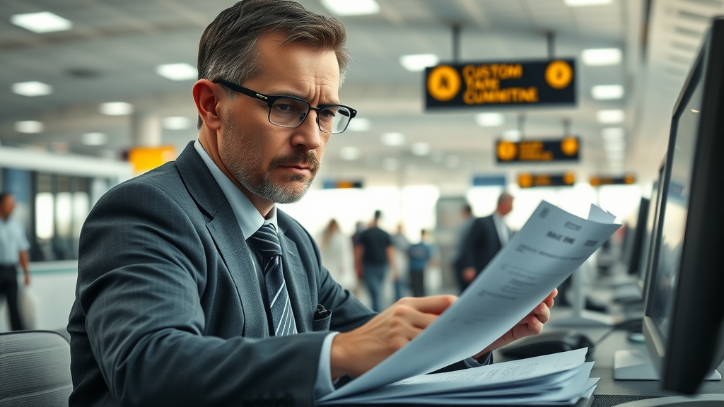 customs broker responsibilities at a busy airport customs terminal analyzing trade documentation