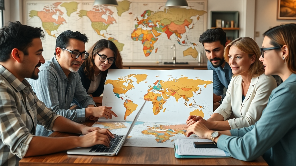 diverse small business owners discussing global trade maps and services trade in a relaxed cafe setting