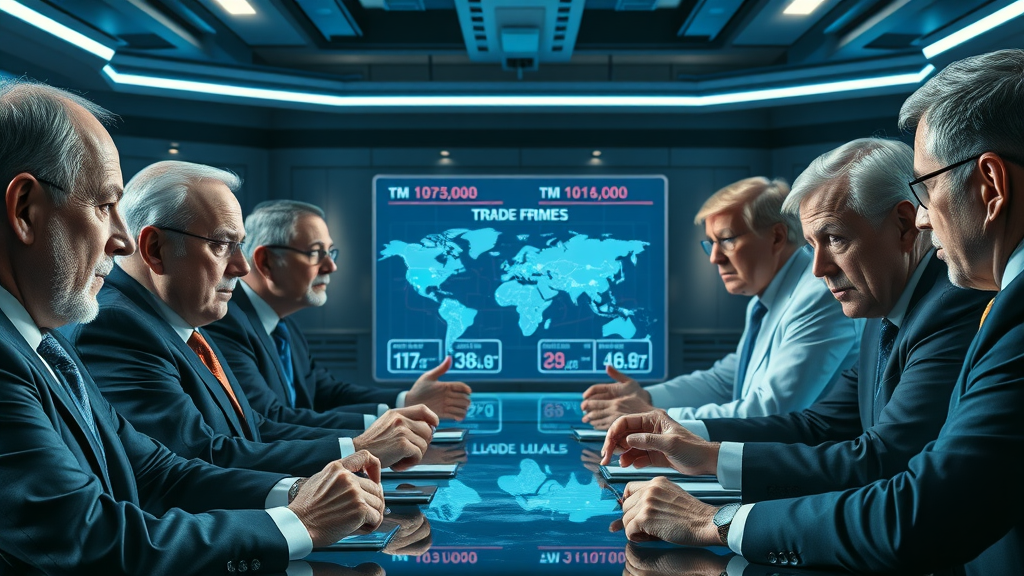 global leaders imposing reciprocal tariffs and discussing trade retaliation in a futuristic conference hall