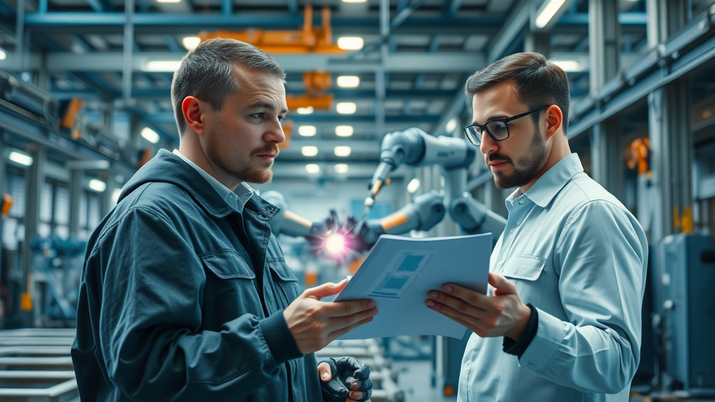 engineers monitoring automated laser welding robots in a futuristic factory using laser welding technology