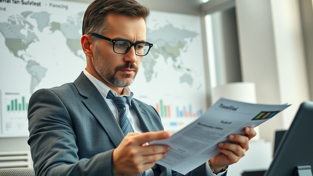 Trade war tariffs analysis by financial analyst in corporate office with world maps and global economic dashboards