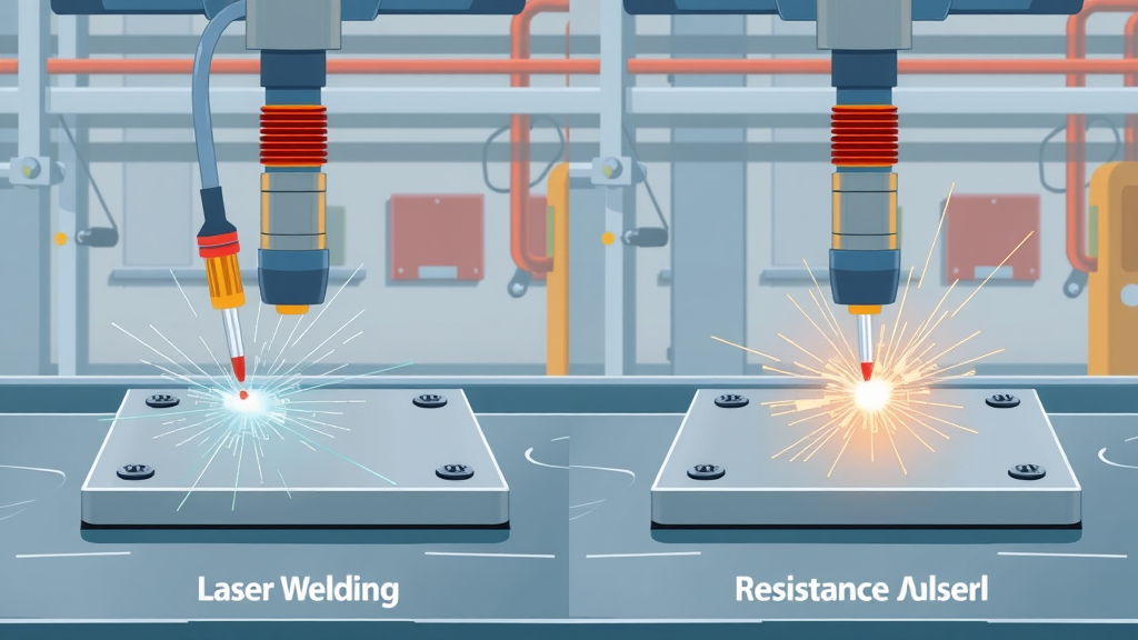 side-by-side comparison of laser welding, arc welding, and resistance welding producing joints on identical metal plates