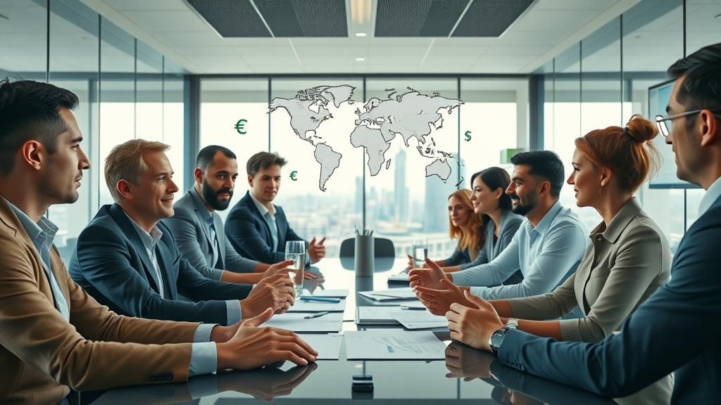 diverse international business team discussing border payment, global payment methods, and cross-border transaction strategies at a boardroom with city view