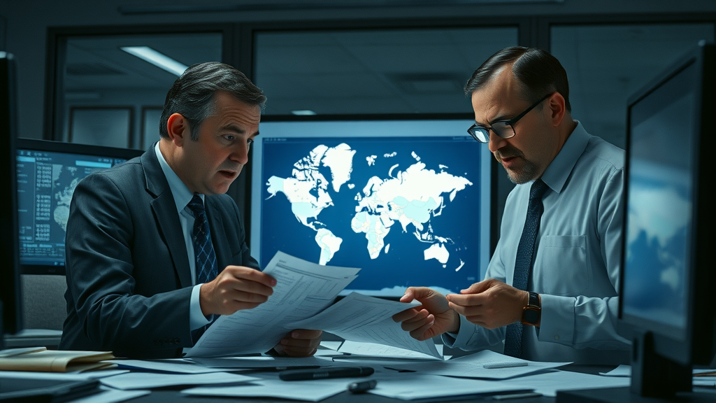 government officials reviewing trade policies and international maps, main keyword: national trade policies