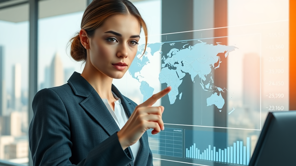 modern international businesswoman analyzing global transaction data on a digital screen, focused and confident, pointing at interactive world map with payment icons, cross-border transactions, global payment compliance, border payment tracking, bright office setting, city skyline