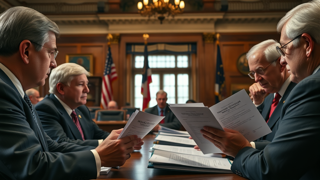 Government officials in policy discussion, US flags, reviewing tariff documents, historic government room