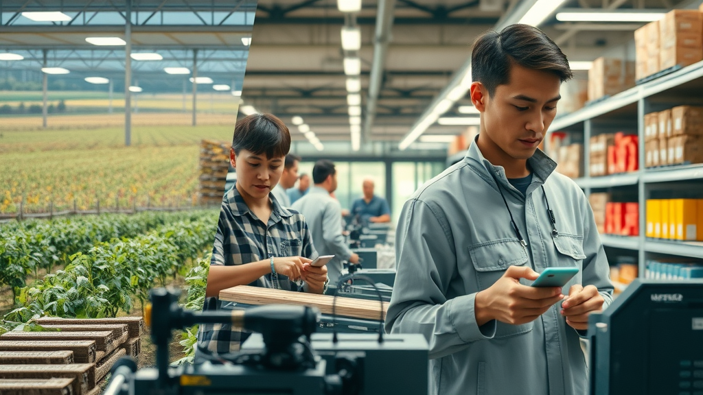 Economic effects of tariffs shown in a split scene: American farmland, tech manufacturing assembly line, and bustling retail environment.