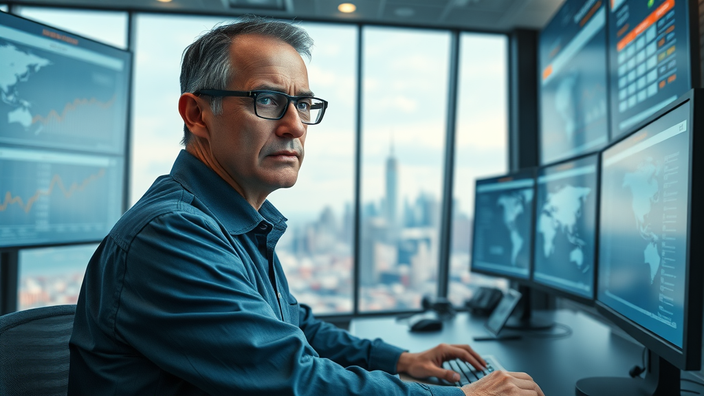 Supply chain director analyzes tariff changes on digital screens in logistics control room.