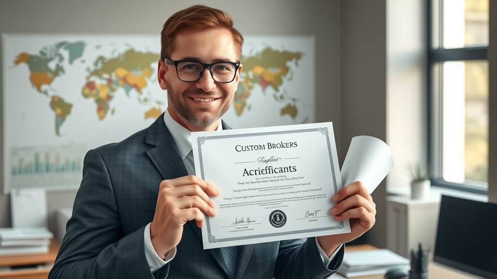 confident customs broker holding certificate after customs broker exam preparation, in professional office with world map and documents