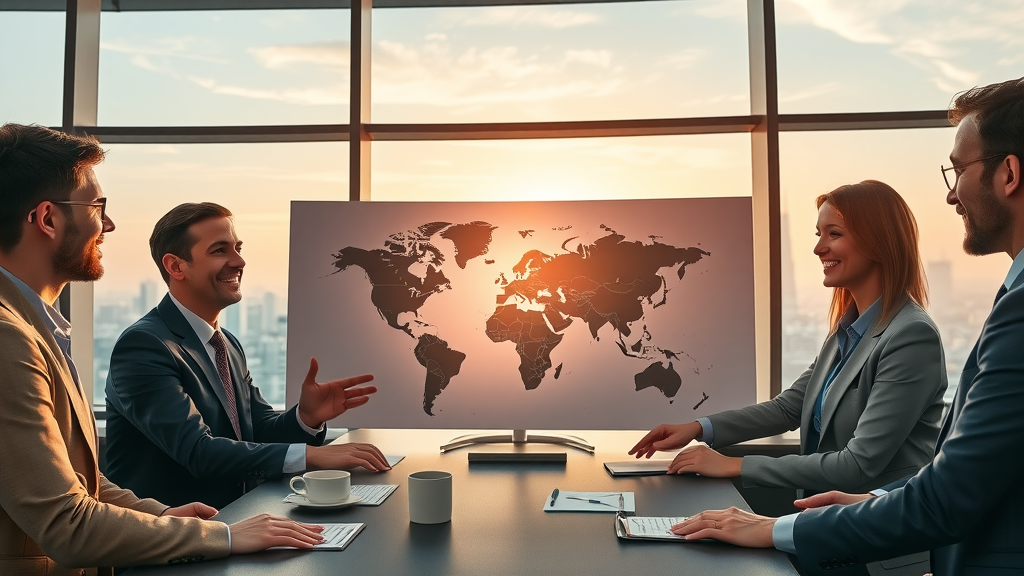 Ambitious multinational business team strategizing over global customs duties, customs duties news, world export map, international trade success