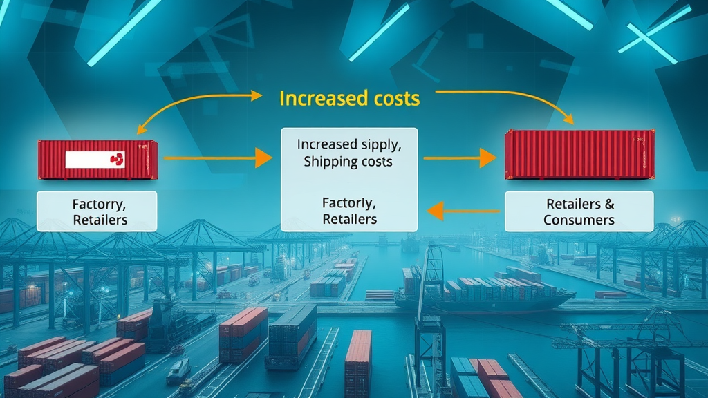 flowchart showing supply chain transfer of tariff costs from international imports to factories, retailers, and consumers