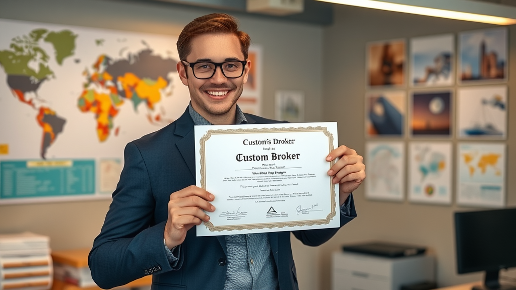 newly licensed customs broker holding certificate in a modern workplace