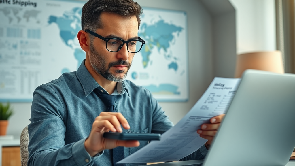Business owner calculating customs duties for tariffs on import goods with digital tools and trade charts