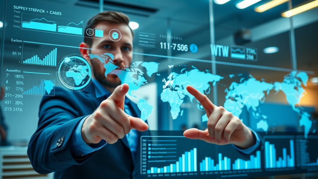 analytical infographic charts showing global supply chains with mineral flows, digital economic graphs, and focused professionals in a modern boardroom