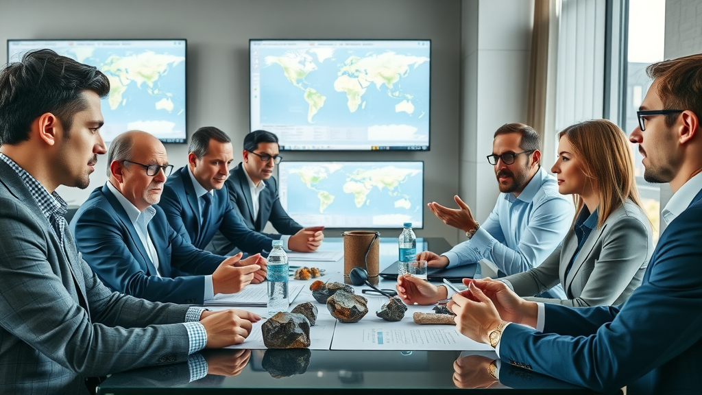 Collage of industry professionals in strategic discussions with mineral samples and supply chain maps | critical minerals tariff, supply chain