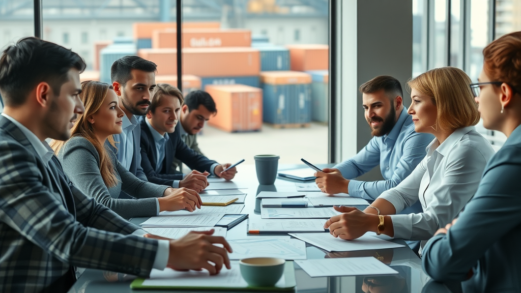 Insightful business meeting, diverse group of customs professionals reviewing documents for custom broker license requirements, urban office setting.