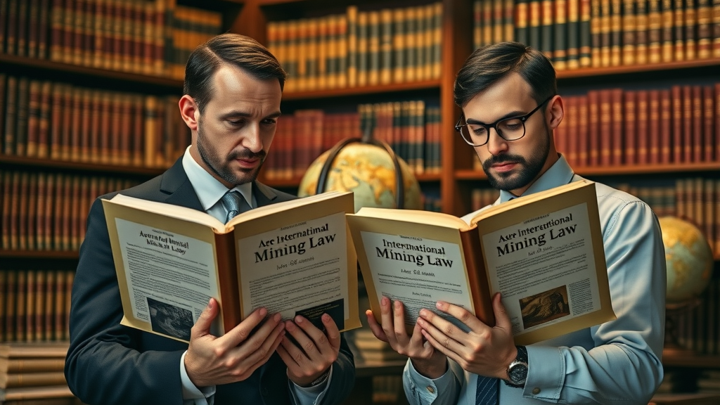 professionals comparing national and international mining law books in a classic law library