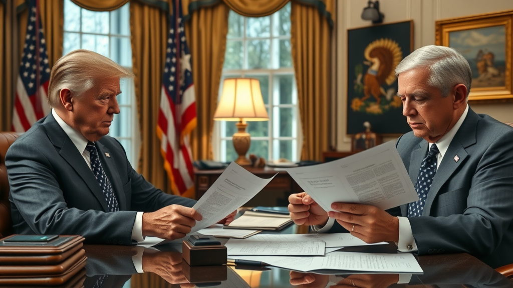 US presidents reviewing trade policy documents in the Oval Office, reflecting the evolution of modern global tariff trends.