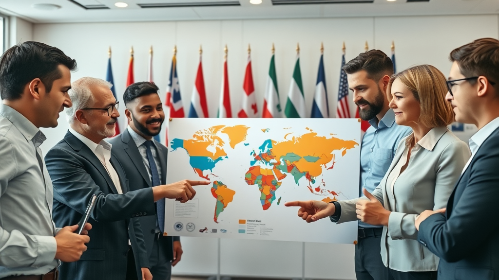 diverse group of customs professionals discussing over global trade map; customs brokerage certification collaborative review; conference room, international trade focus