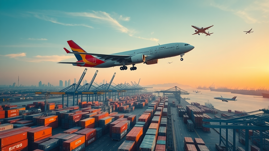 international trade in goods cargo airplane shipping port loading containers city skyline