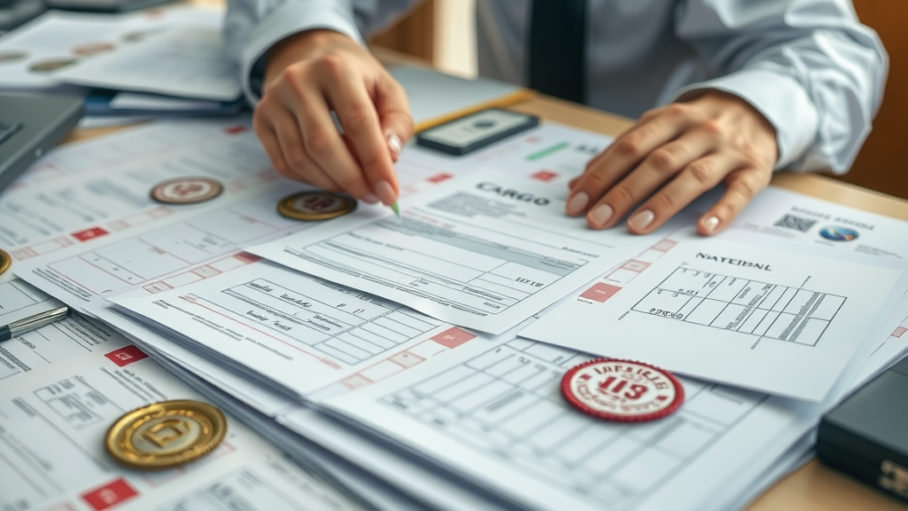 Organized shipping documents and customs clearance paperwork being stamped by a customs clerk for international shipping