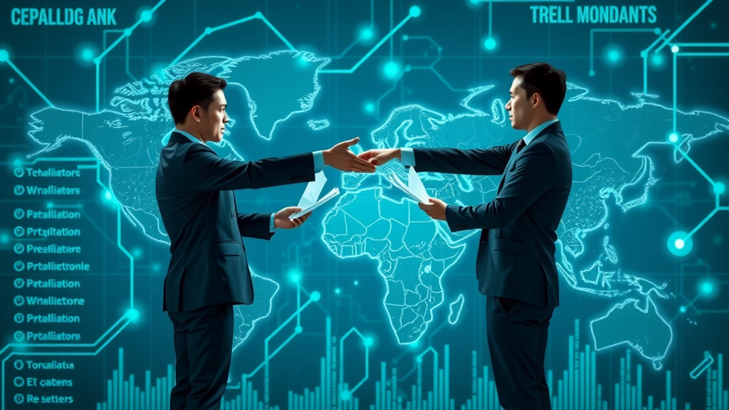 International business network reflecting tariff-driven economic effects: people exchanging documents across digital country outlines.