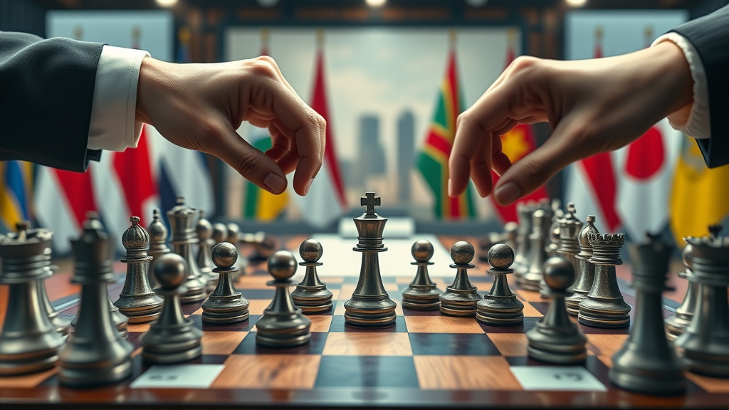 political chessboard depicting global leaders navigating trade policy and tariffs