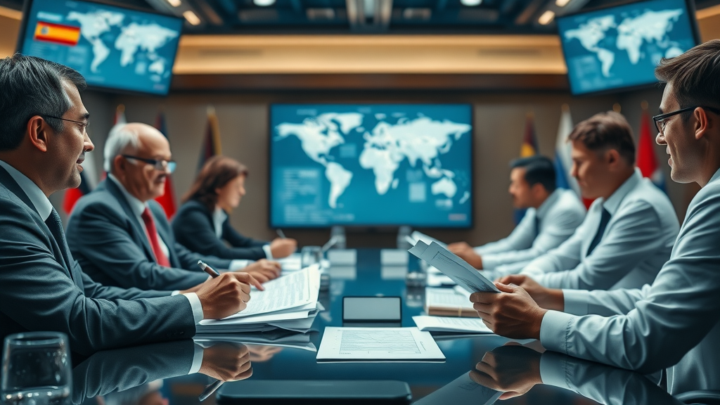international legal advisors analyzing global mineral trade regulations with treaty documents and global maps