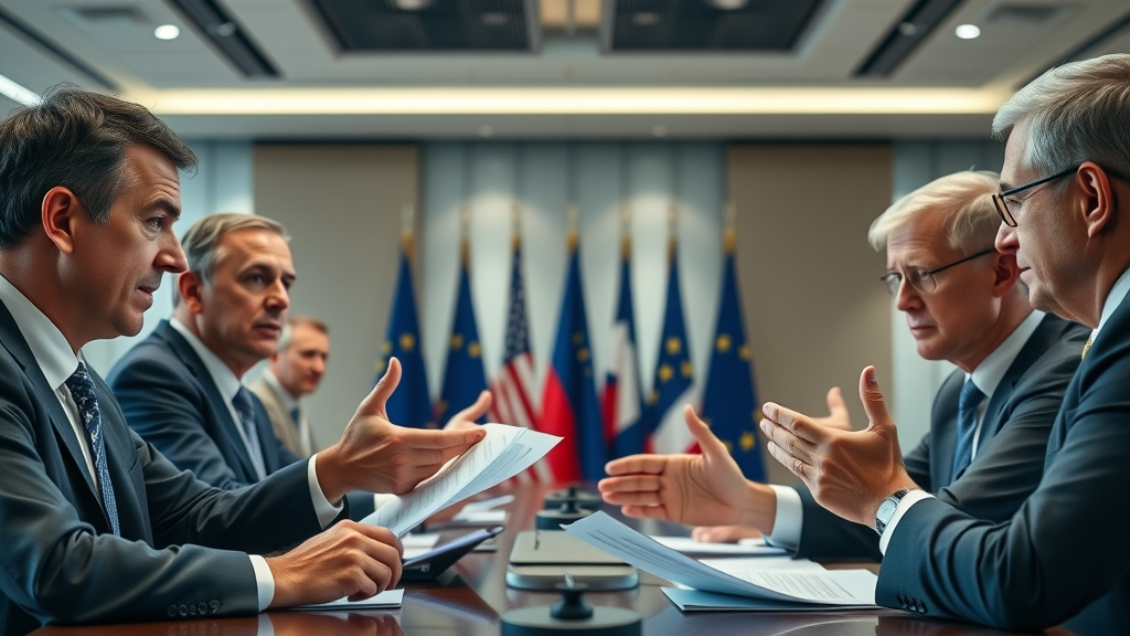 Affected industries US tariffs EU-US trade meeting, negotiators gesturing over trade documents and flags, highlighting international ripple effects