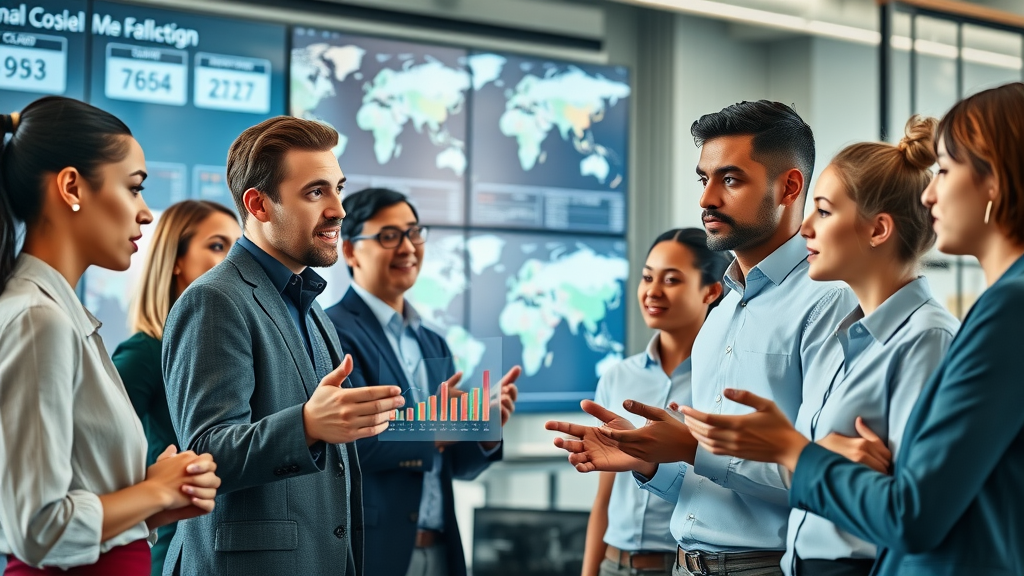 global workforce concept diverse professionals digital world GDP graphs global market analysis
