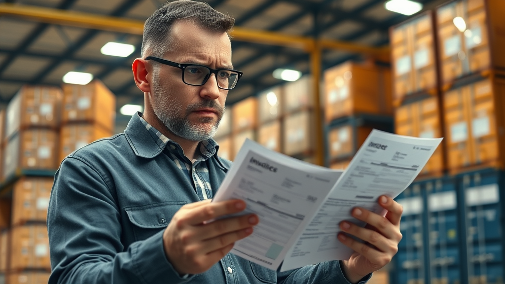 worried logistics manager reviewing shipment documents and invoices for critical mineral tariff classification