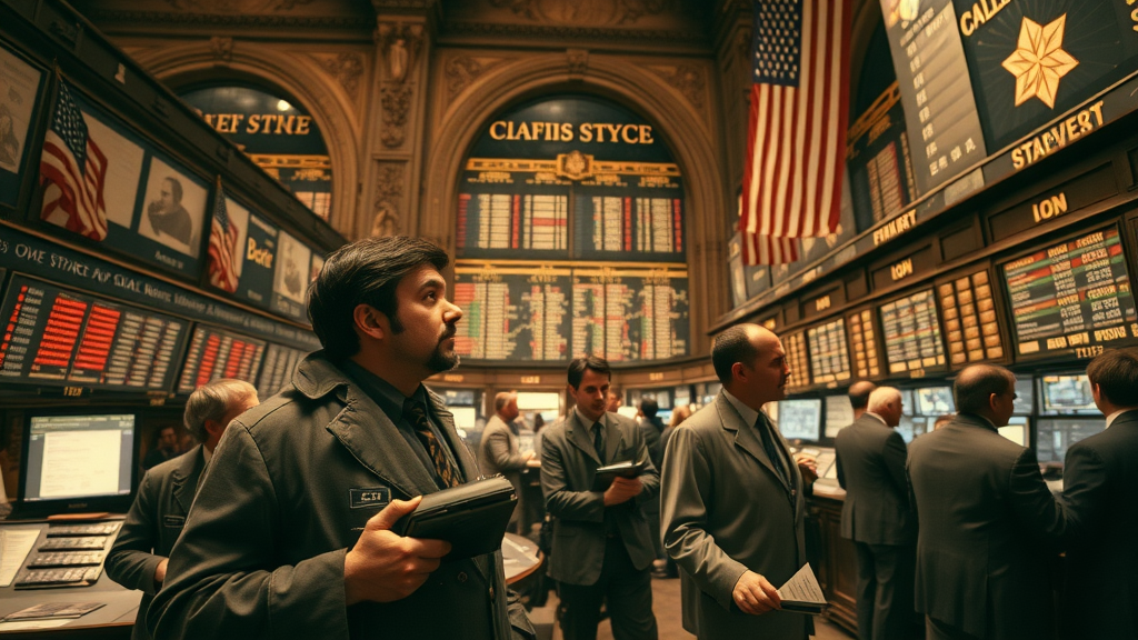 historic US stock exchange showing the impact of tariffs on inflationary pressures and price hikes, traders analyzing vintage price indices