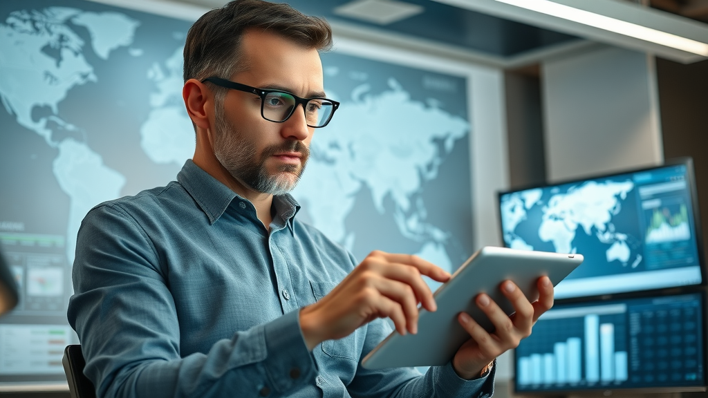 international business leader analyzing global trade data on digital tablet