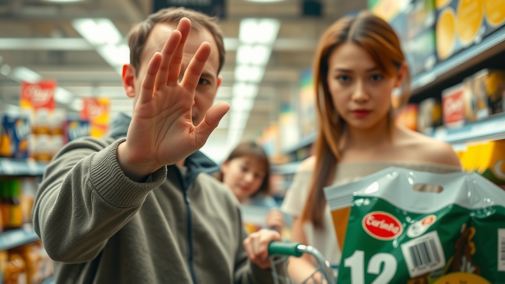 Macro shot of price tags on consumer goods in a U.S. supermarket aisle, consumers reaching for products, subtle signs of price increase, lifelike and warm-toned