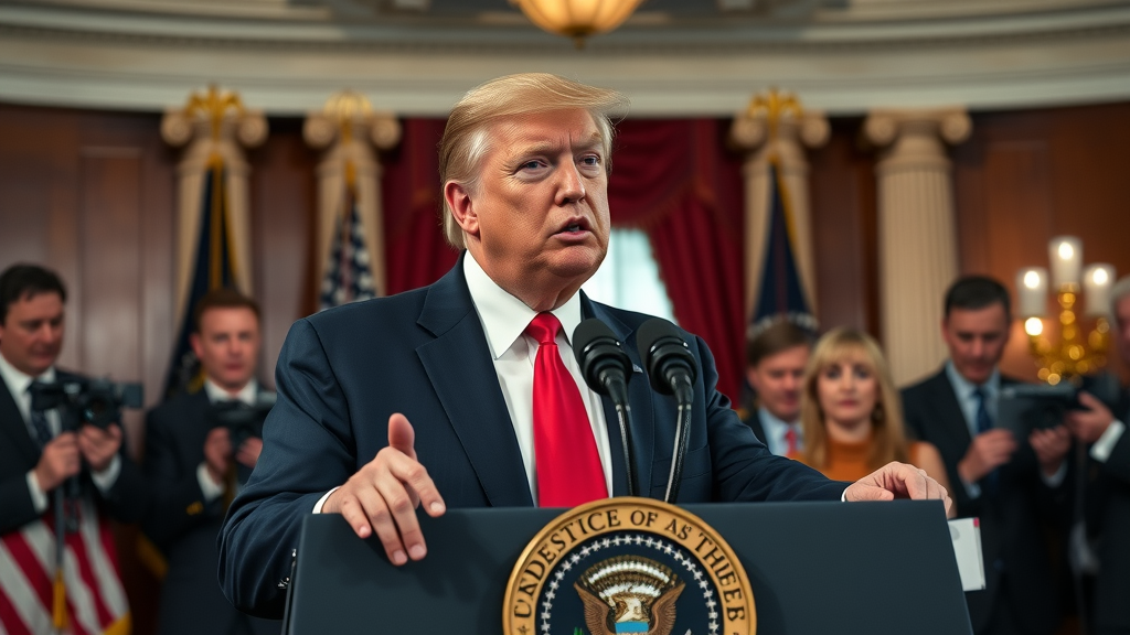 President Trump at White House press conference discussing mineral tariff policies and reciprocal tariffs in US-China trade