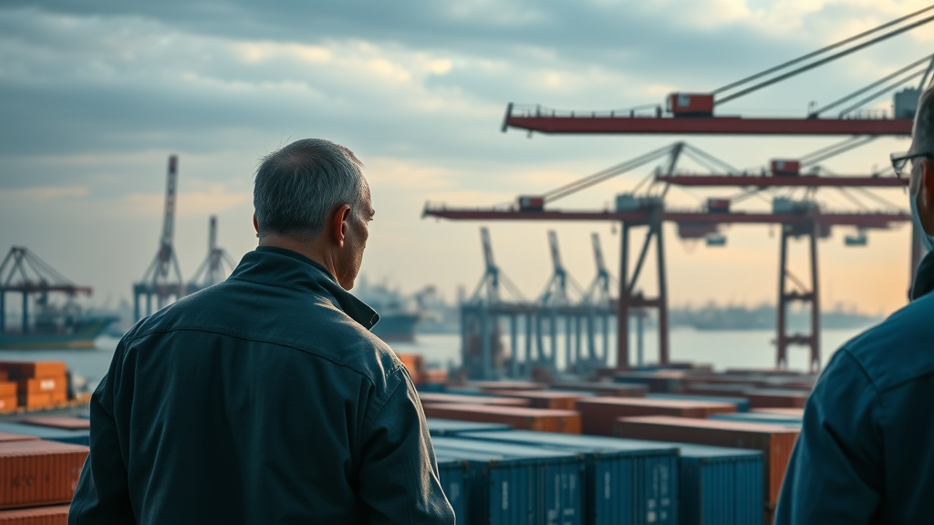 Affected industries US tariffs dramatic US port skyline with shipping containers inspected for customs, workers, and cranes, blue-grey tones, early morning light
