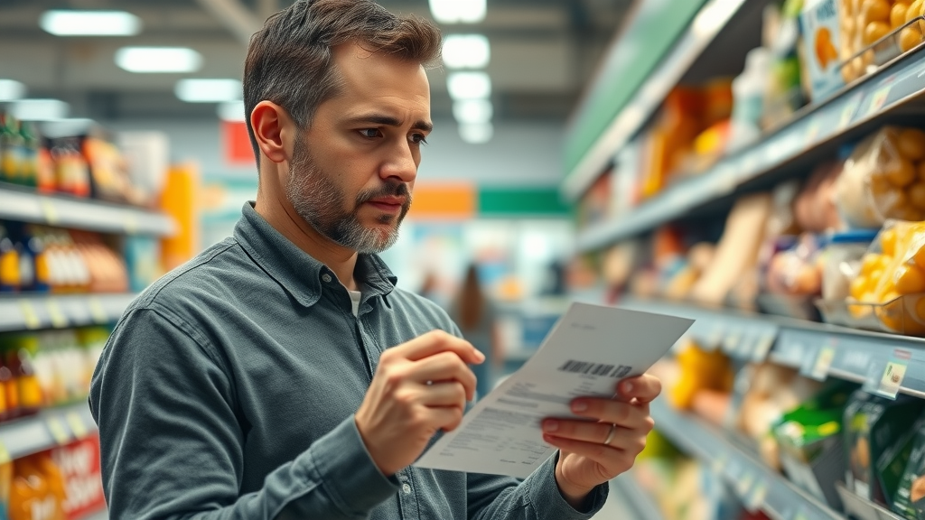 thoughtful American consumer reviewing price hikes from inflationary pressures from tariffs in a modern supermarket aisle