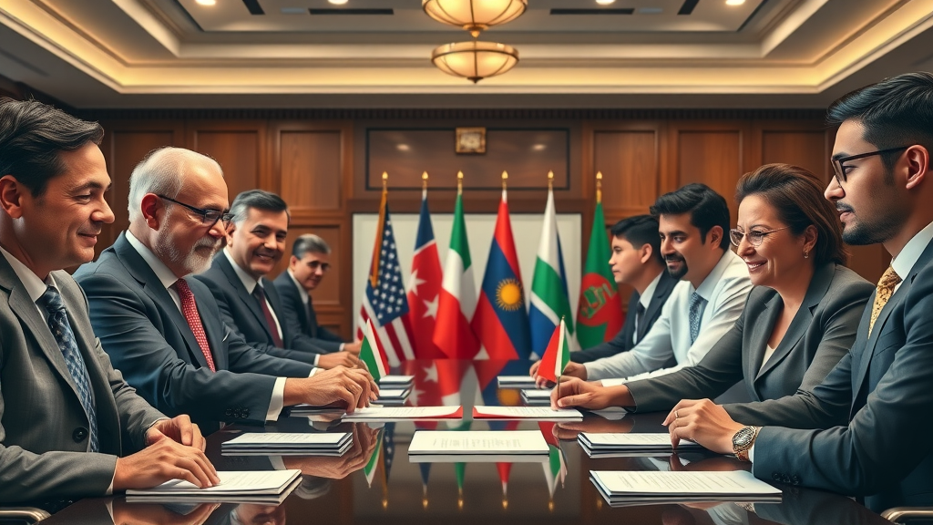 executives from various countries signing a major free trade agreement