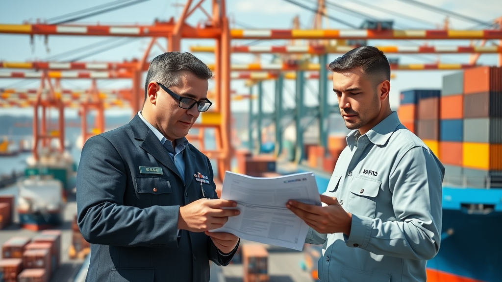 modern international cargo vessels at a busy port, customs officers inspecting cargo manifests, demonstrating collaboration, sprawling port infrastructure, cranes, containers, vibrant colors, daylight lighting; customs and border protection in action, UHD