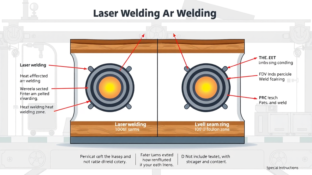 Schematic illustrating differences between laser welding and traditional arc welding including affected zone and weld seam quality