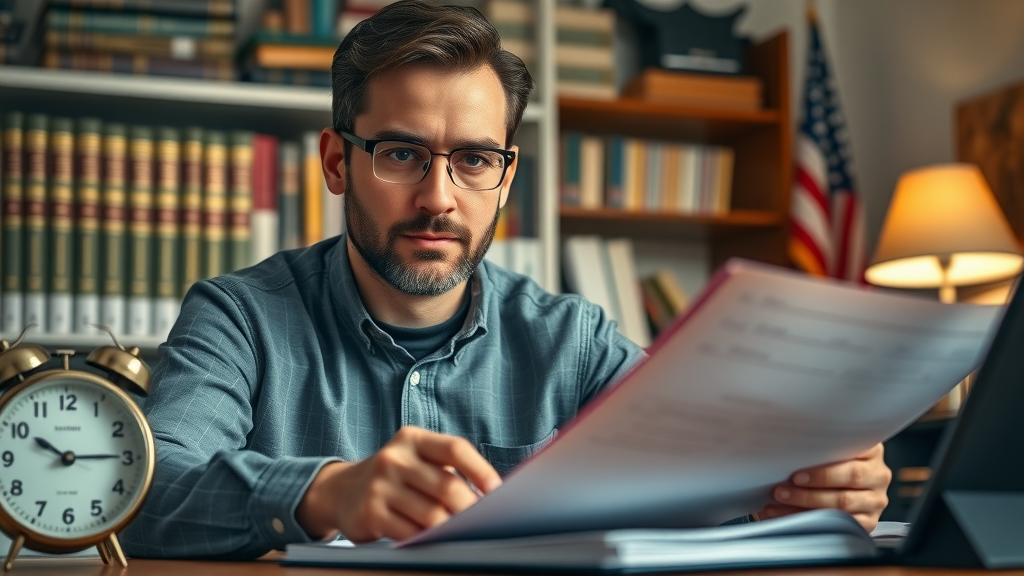 Customs broker license exam - focused student studying at home office, CBP resources, US flag background