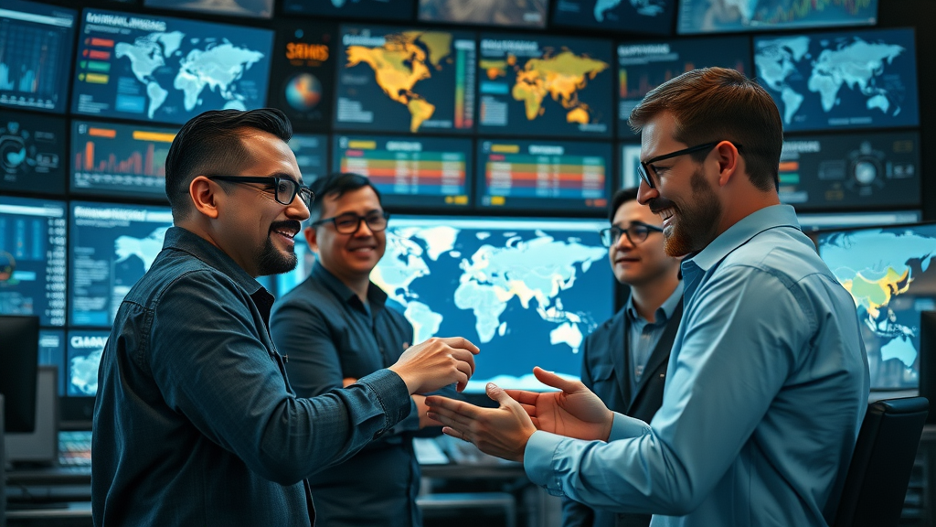 Logistics team reviewing international shipping routes and customs clearance process on digital dashboard in a high-tech operations center