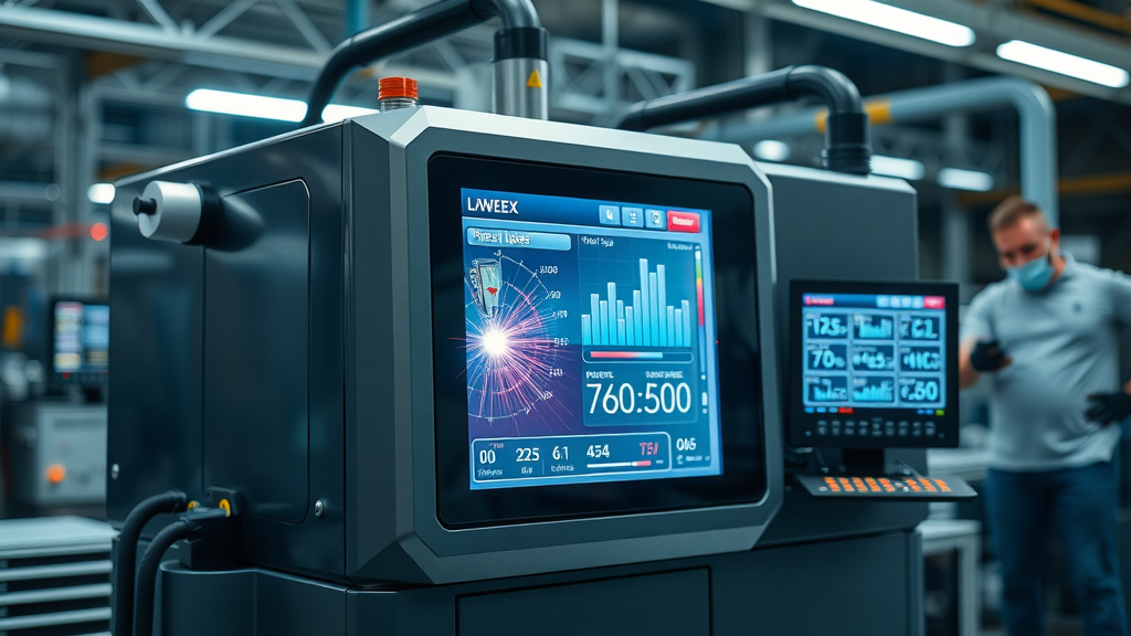 high-tech fiber laser welding machine with real-time metrics and bright factory background, illuminated control panels, and futuristic design