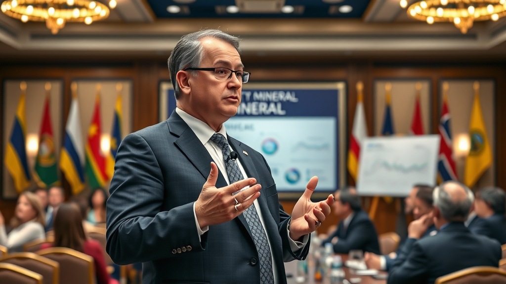 Critical minerals strategist presenting at a policy forum on mineral tariff strategies, critical minerals, national security